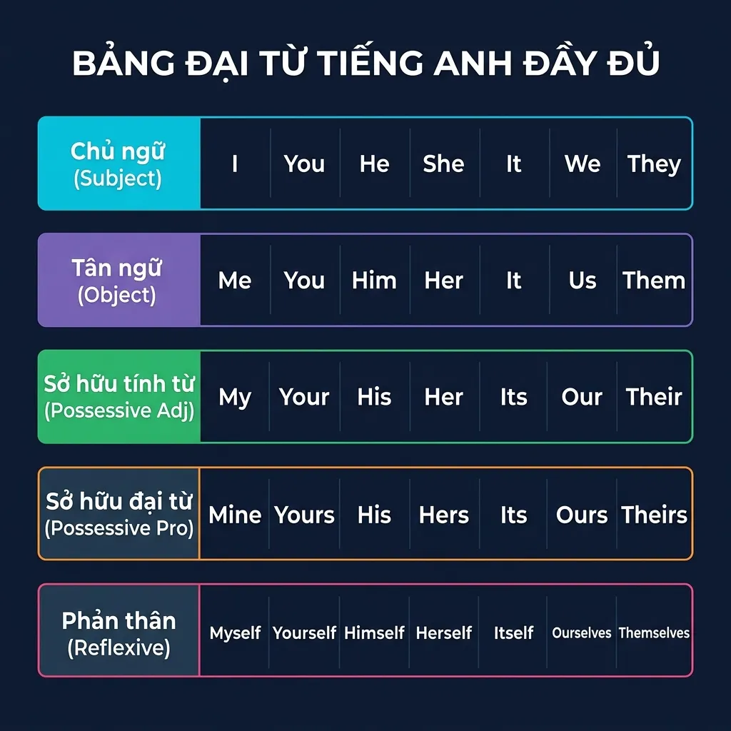 Bảng tổng hợp đại từ tiếng Anh đầy đủ